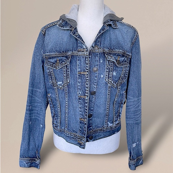 American Eagle Hooded Classic Distressed Denim Jean Jacket Built In Gray Hood - Picture 5 of 16